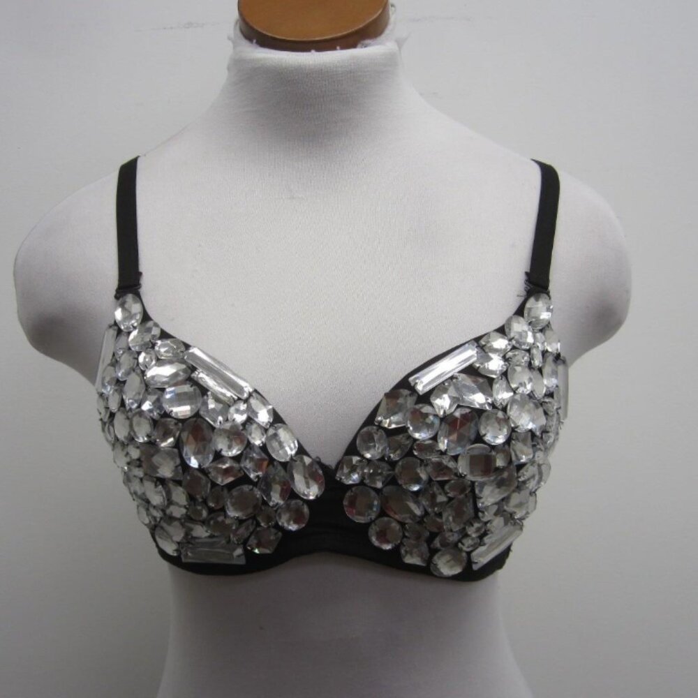 Womens Clear Silvertone Back Faceted Bead Bedazzled Black Underwire Bra Size M - Picture 1 of 5